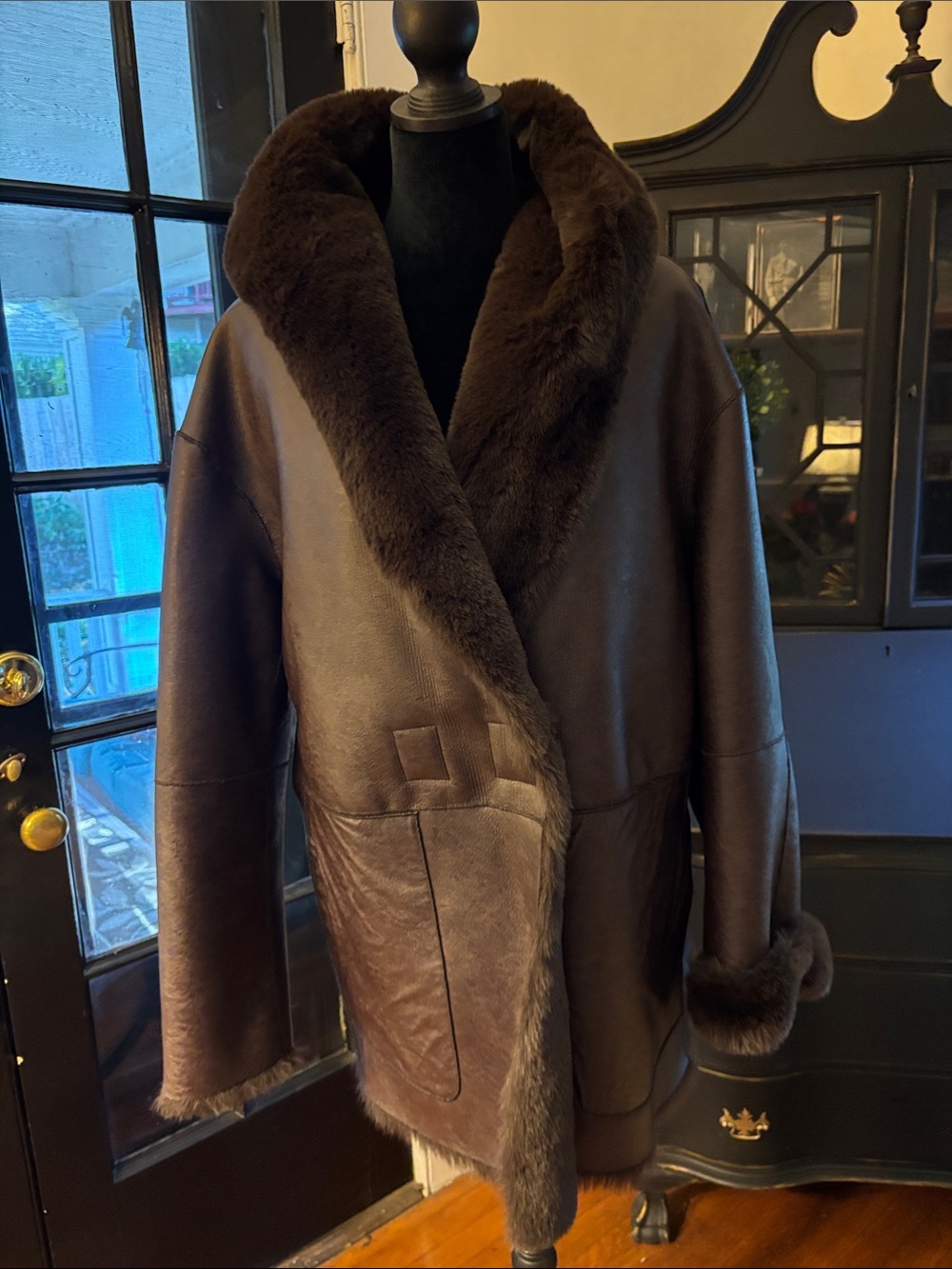Women's Dark Brown Shearling Coat with Fur Trim